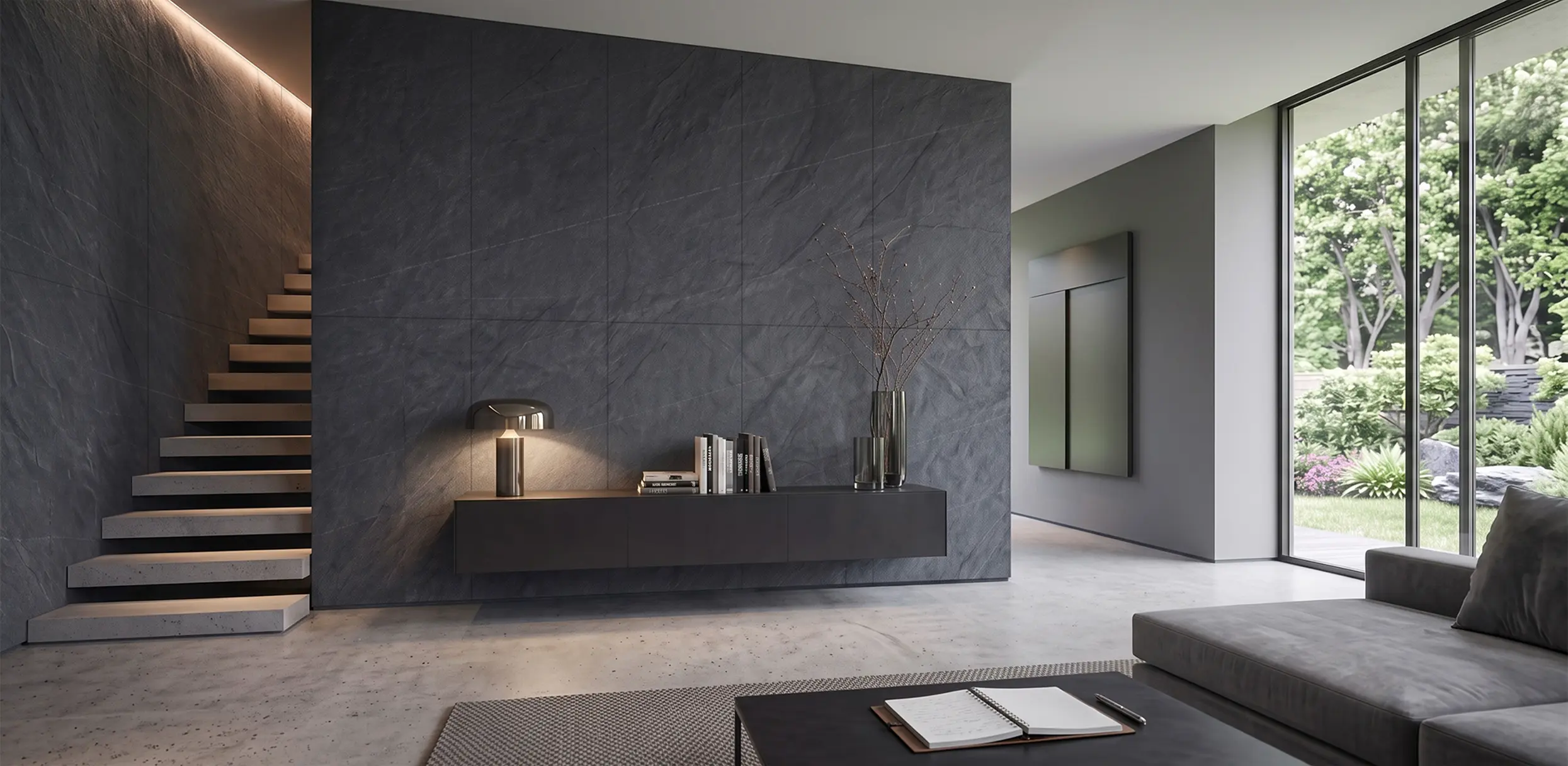 Veneo Slate used on surfaces in the living room of a modern house